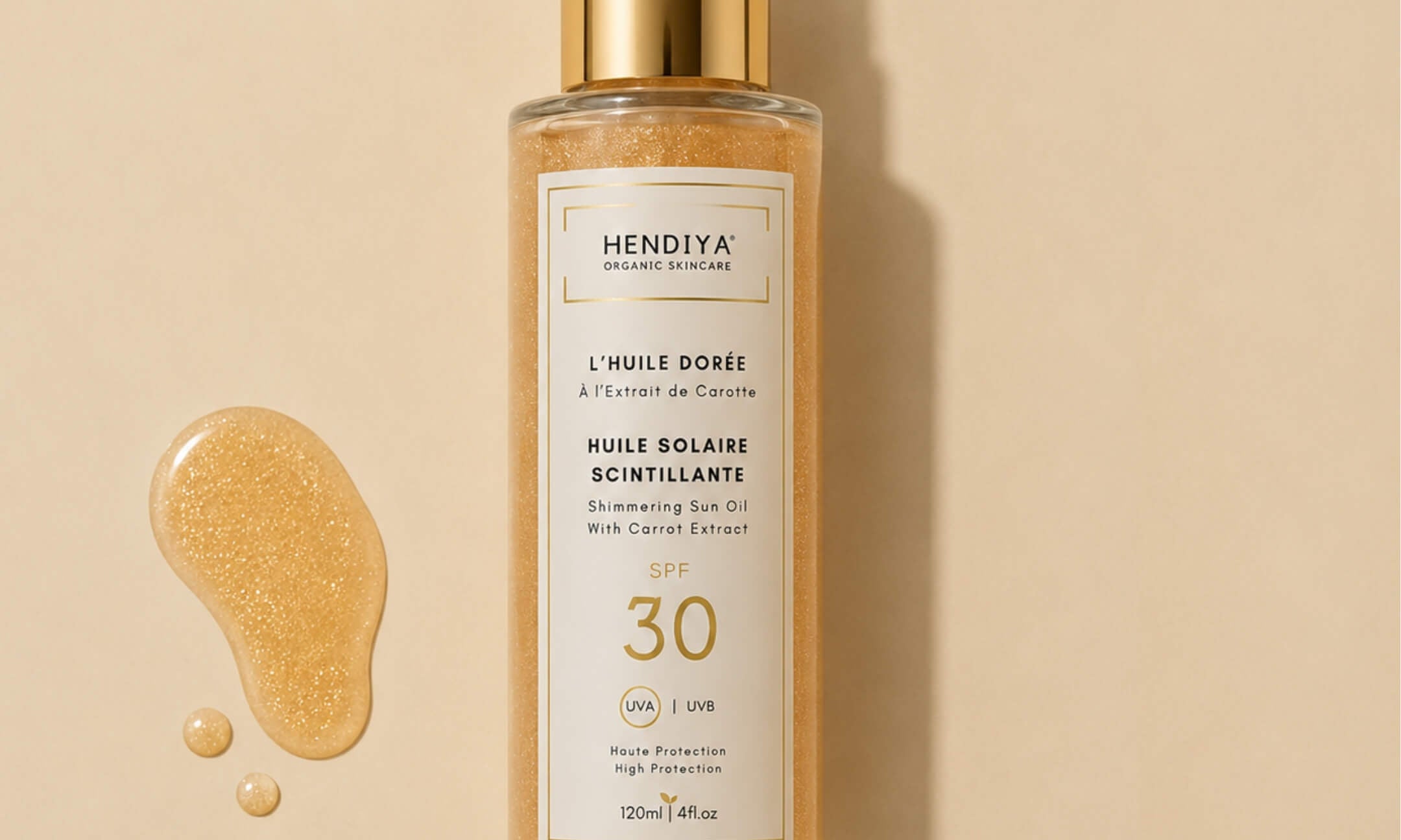 L'Huile Dorée - Huile solaire scintillante bio Hendiya à l'extrait de carotte, riche en bêta-carotène