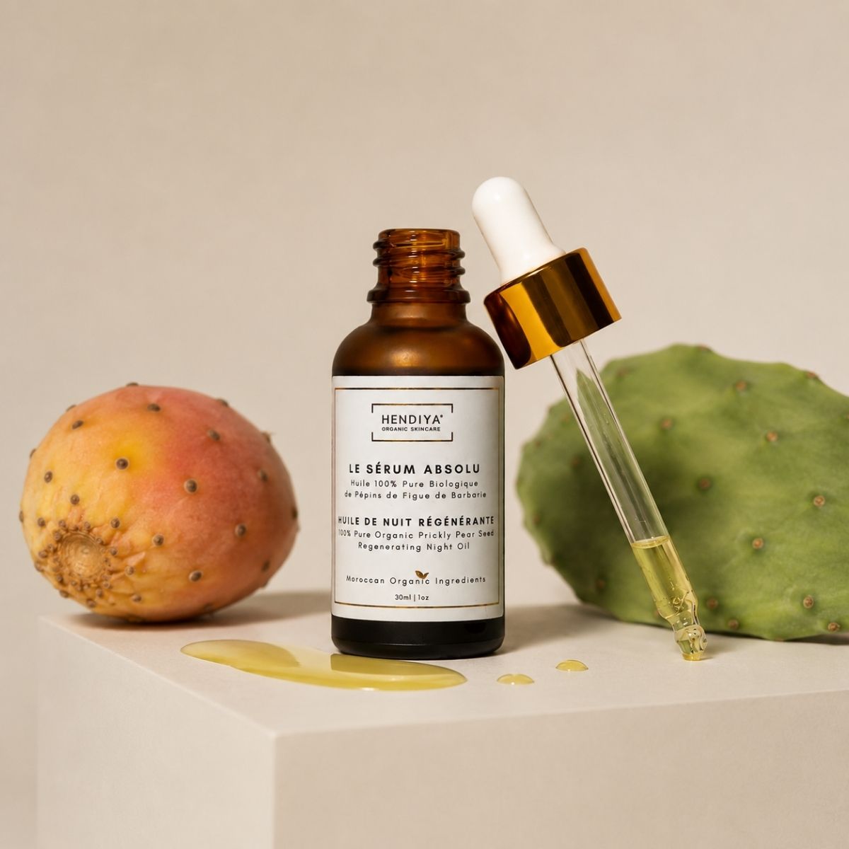 Hendiya® organic prickly pear seed oil, the flagship ingredient of the brand's natural cosmetics