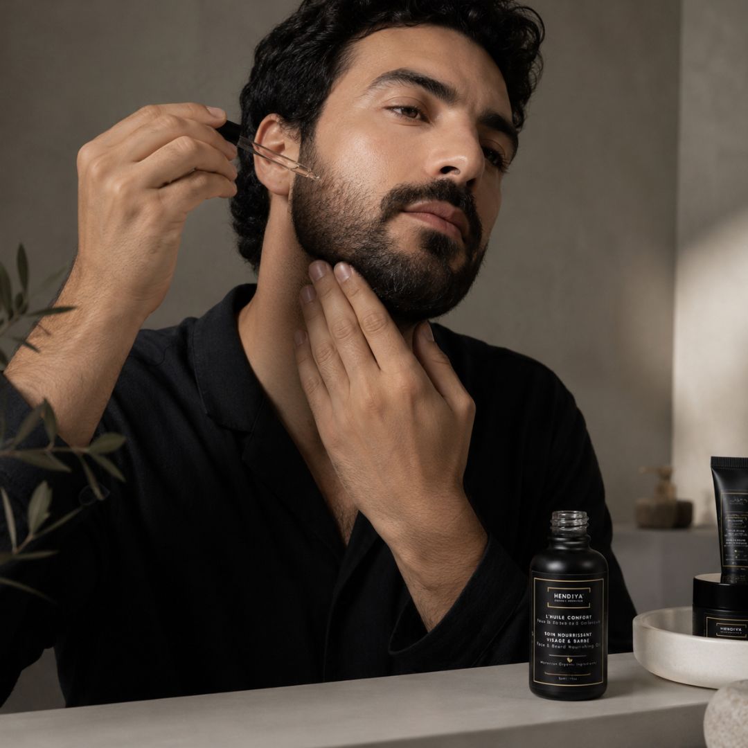 Application of Hendiya L'Huile Confort on a man's face and beard, a few drops poured into the palm for a nourishing daily massage.