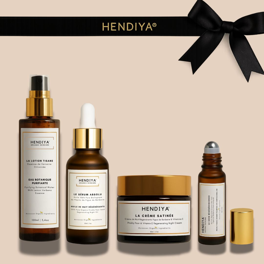Les 4 produits du Coffret Morphée Hendiya : Lotion Tisane, Soin Régénérescence, Sérum Absolu et Crème Satinée