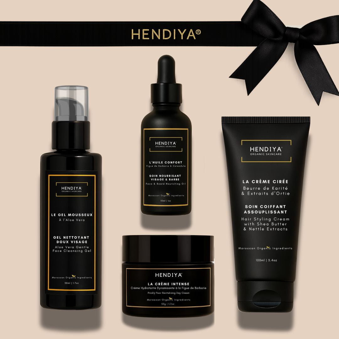 Les 4 produits du Coffret Au Masculin Hendiya : Gel Mousseux, Crème Intense, Huile Confort et Crème Cirée