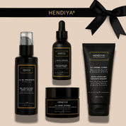 Les 4 produits du Coffret Au Masculin Hendiya : Gel Mousseux, Crème Intense, Huile Confort et Crème Cirée
