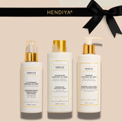 Les 3 produits du Rituel Éclat Capillaire Hendiya : Synergie, Shampoing et Masque Cheveux au Vent