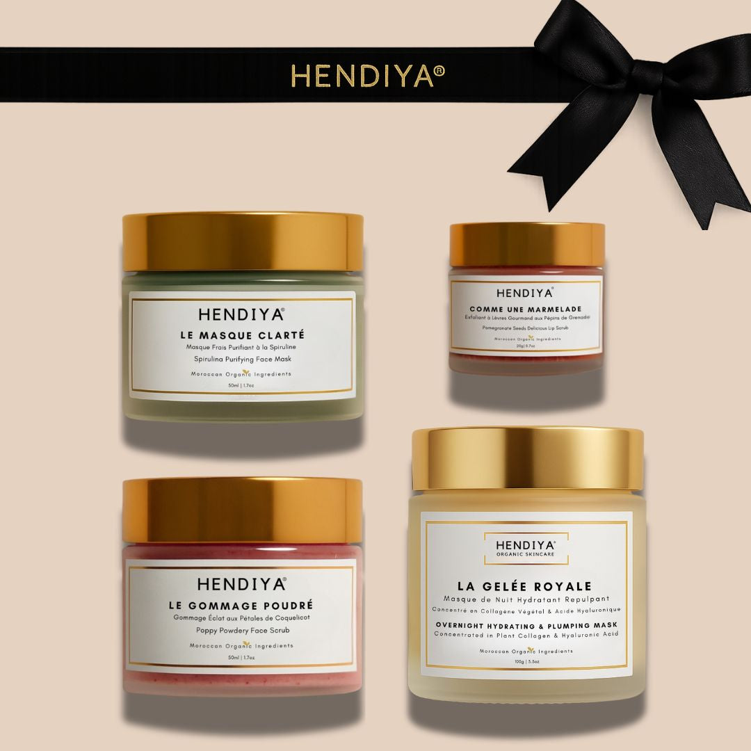 Les 4 produits du Coffret Cocooning Hendiya : Gommage Poudré, Masque Clarté, Comme une Marmelade et Gelée Royale