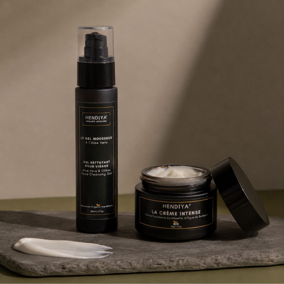 Hendiya men's skincare duo: Le Gel Mousseux, a gentle facial cleanser with aloe vera and prickly pear seed oil, paired with La Crème Intense for a complete routine.