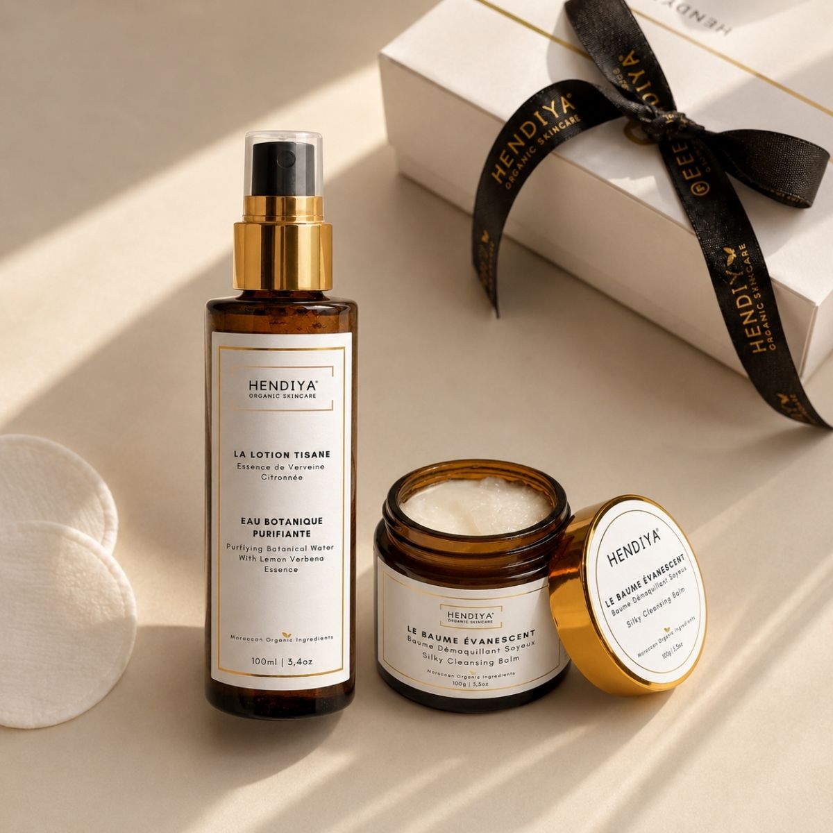 Hendiya® organic double cleansing: Le Baume Évanescent and La Lotion Tisane