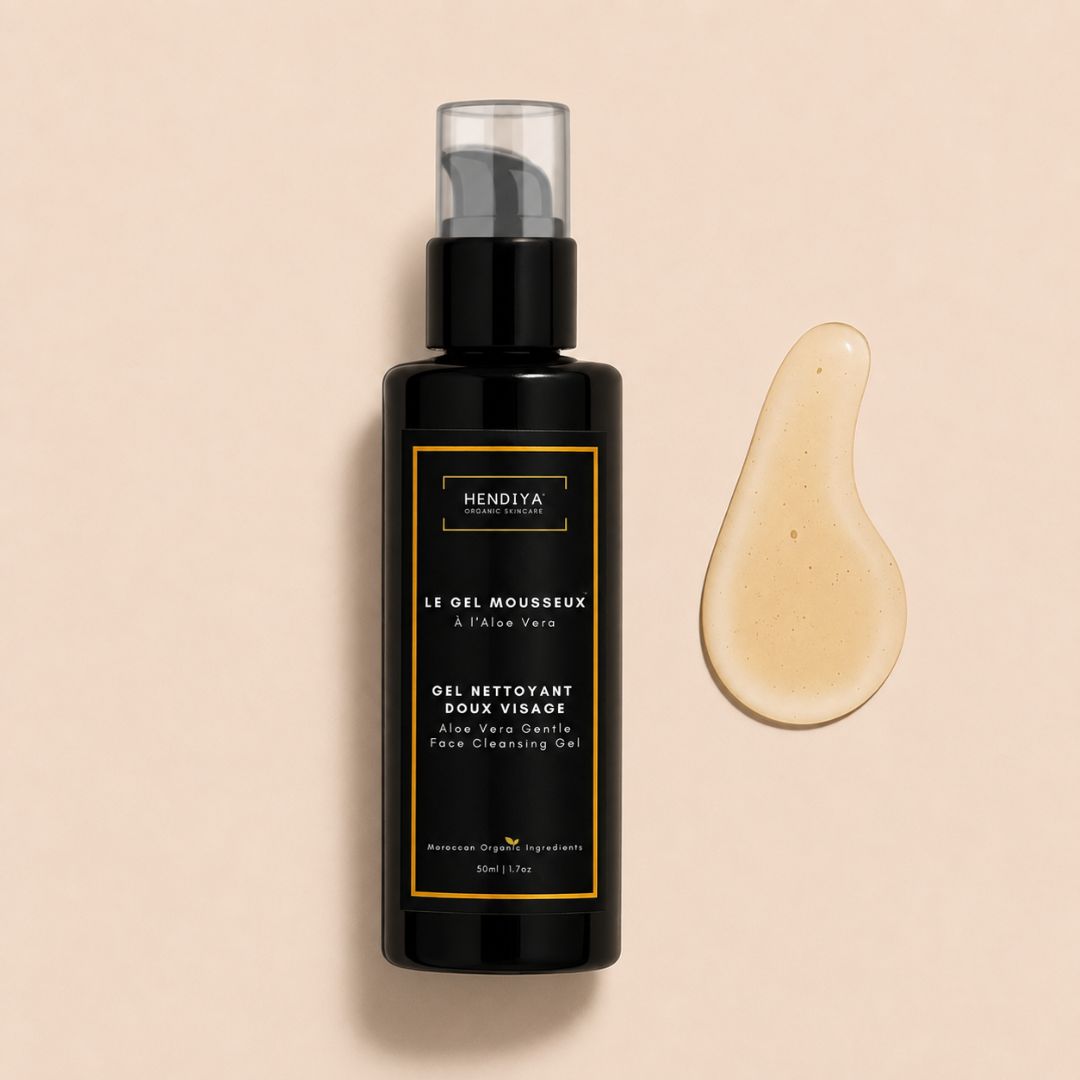 Hendiya Le Gel Mousseux bottle, a gentle men's facial cleanser with aloe vera and prickly pear seed oil.