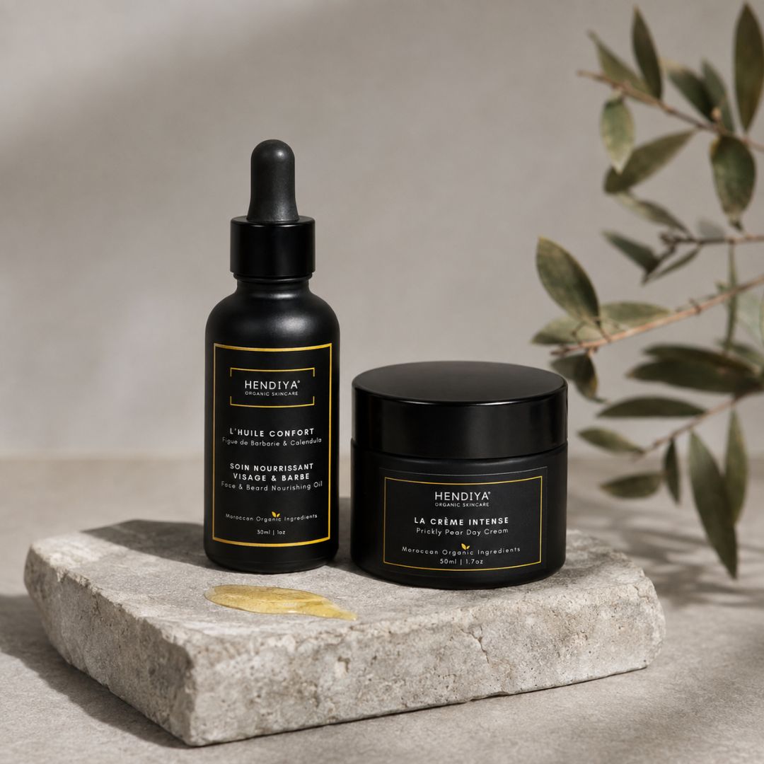 Duo of L'Huile Confort and La Crème Intense by Hendiya, a complete face and beard care for men with prickly pear, nourishing oil and hydrating dynamizing cream side by side.