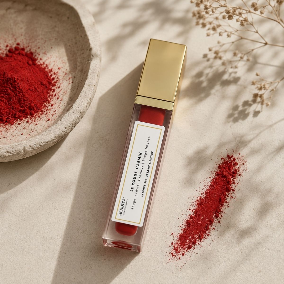 Le Rouge Carmin Hendiya lipstick, creamy organic lipstick styled with natural elements