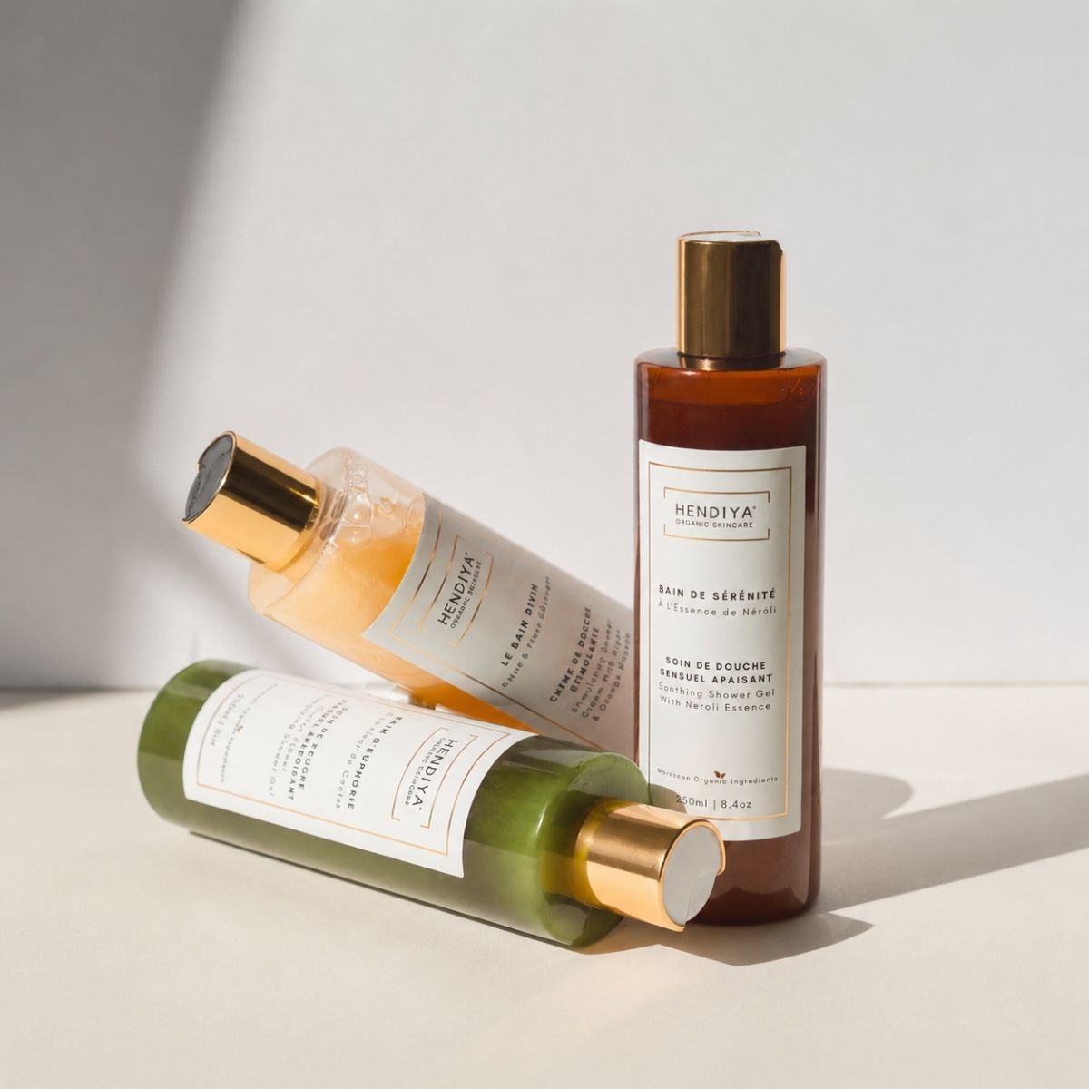 Gamme de gels douche naturels Hendiya®, fleur de cactus, fleur d'oranger et néroli