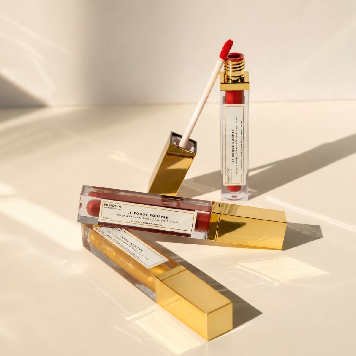 Range of natural Hendiya lipsticks, including Le Rouge Pourpre