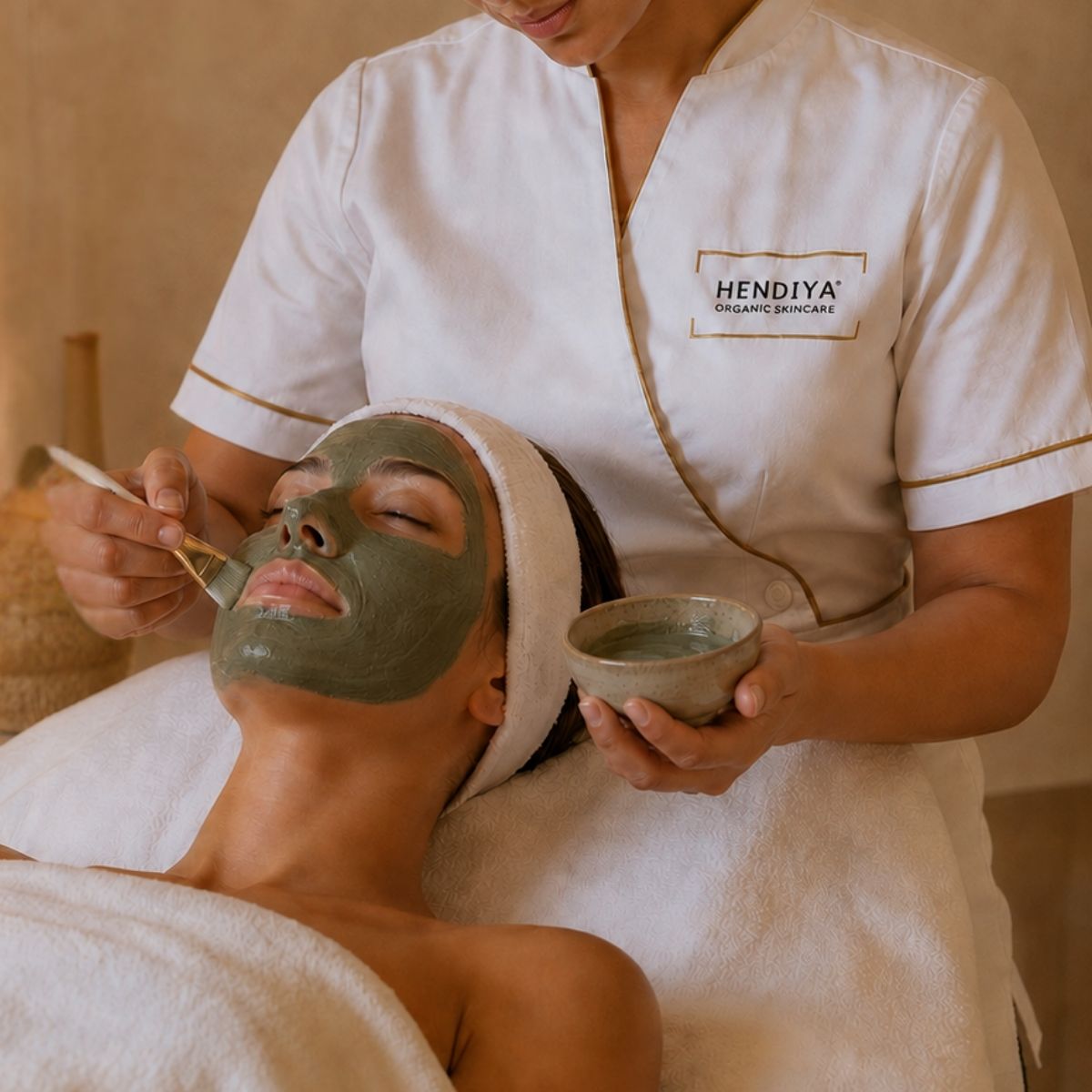 Application du masque purifiant pendant le Soin Signature Hendiya®, nettoyage et purification profonde de la peau en cabine