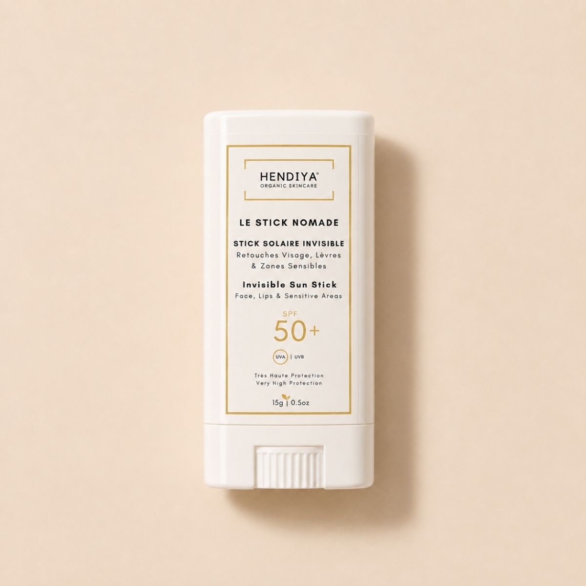 Le Stick Nomade SPF 50+ sunscreen stick by Hendiya, compact travel-friendly format